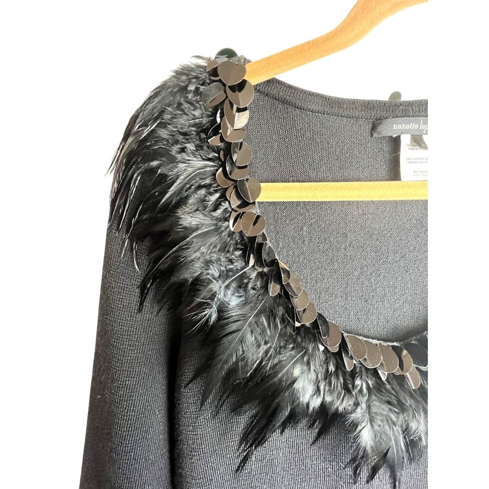 VTG Large Boho Fairy Babydoll Preppy Black Feather Embellished Merino Wool Dress - Picture 7 of 10